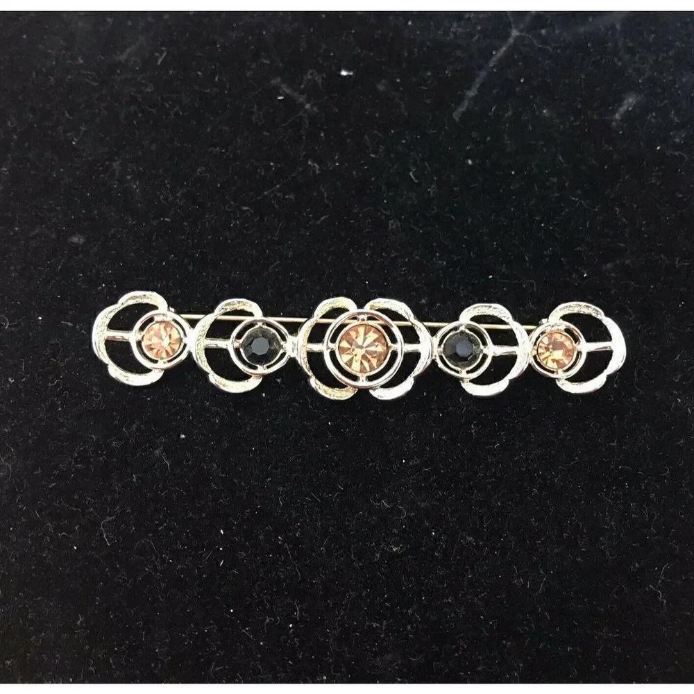 Sarah Coventry Gold Tone Bar Pin Brooch Black And Brown Rhinestones Flower Gift